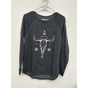 Grayson Threads Sweatshirt Gray Distressed Crew Neck Cow Skull Womans Size Small